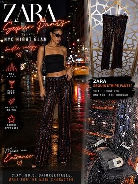 ZARA Sequin Stripe Pants Black Orange Glam Wide Leg Size L